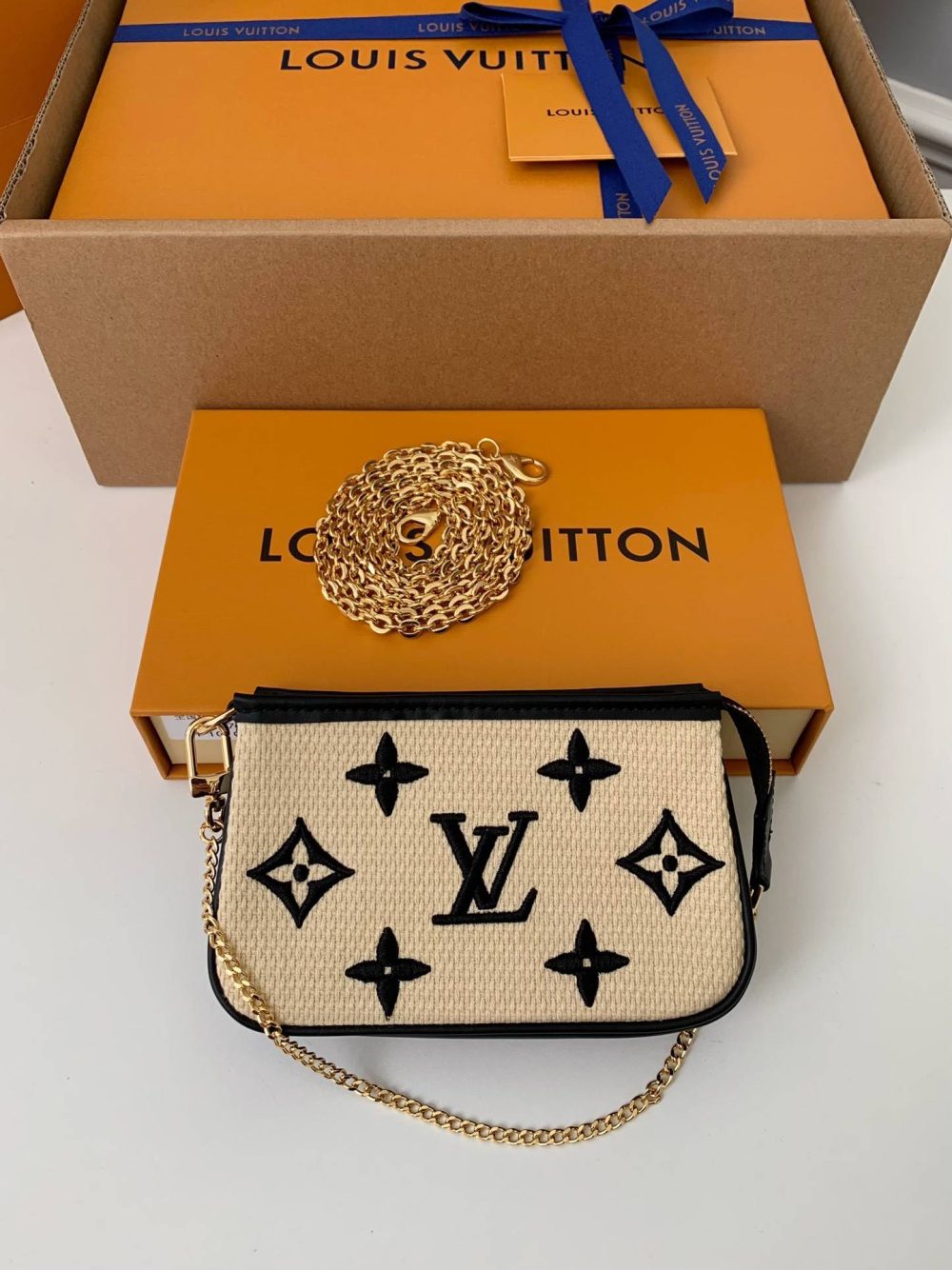 Louis Vuitton New Lafite Cotton Embroidery MINI POCHETTE ACCESSOIRES Hand Chain Small Bag M82472