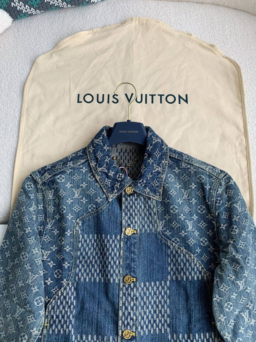 Louis Vuitton Classic Logo printed all over patchwork denim jacket