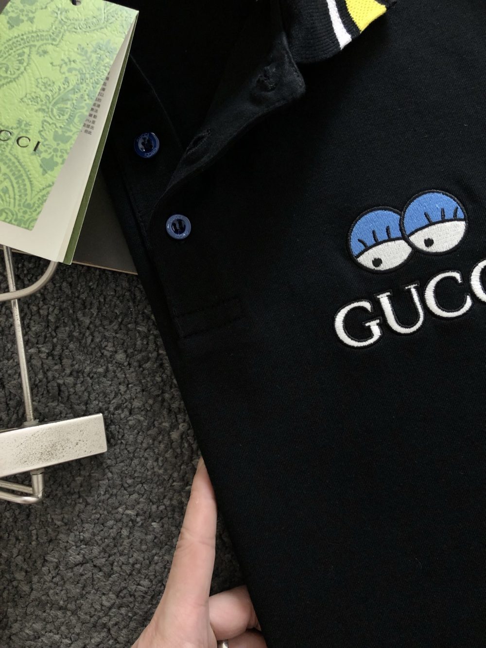 Gucci Floral neckline embroidered polo shirt with cartoon lettering